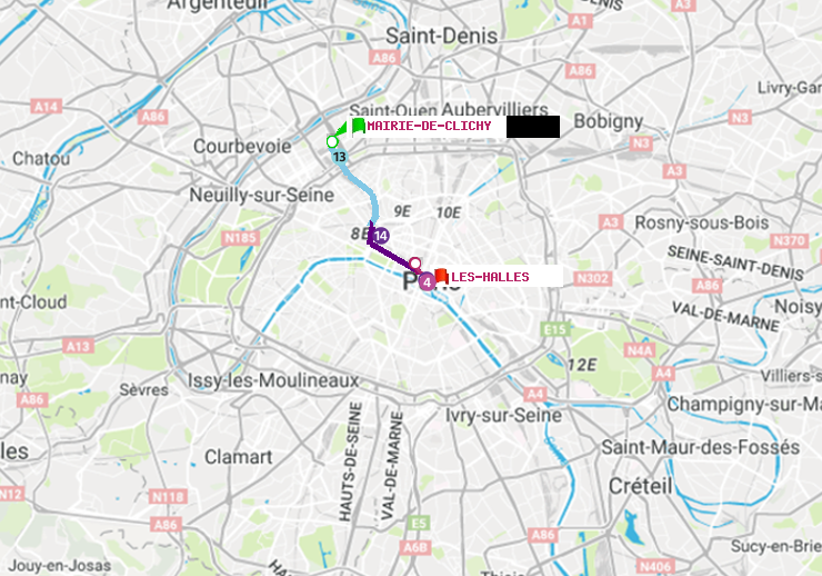 plan itinéraire ratp de Mairie de Clichy à Les Halles