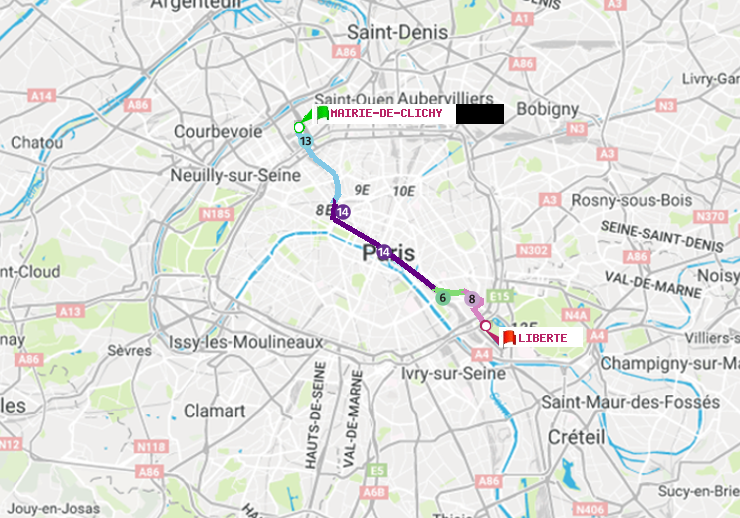 plan itinéraire ratp de Mairie de Clichy à Liberté