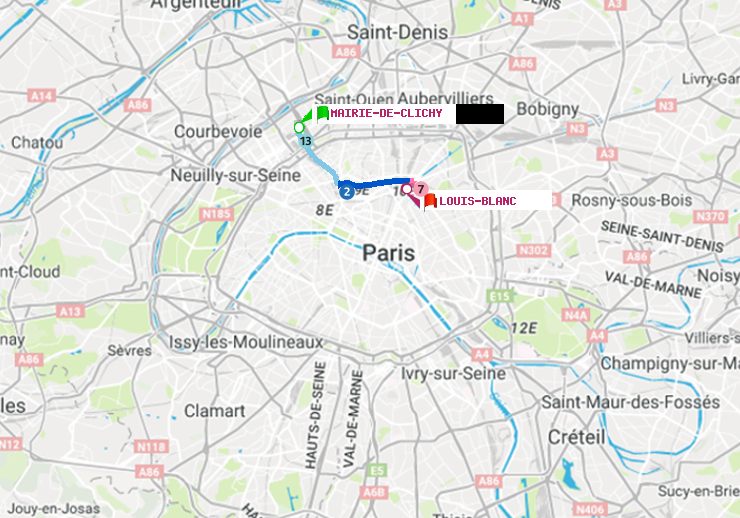 plan itinéraire ratp de Mairie de Clichy à Louis Blanc