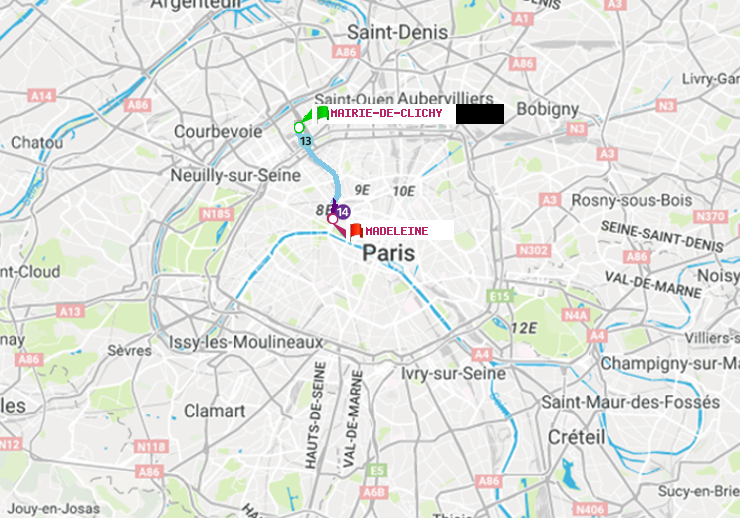 plan itinéraire ratp de Mairie de Clichy à Madeleine