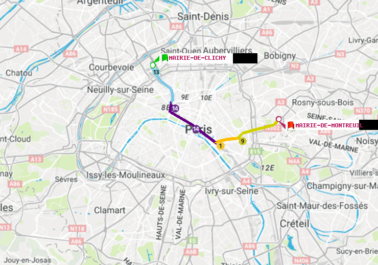 plan itinéraire ratp de Mairie de Clichy à Mairie de Montreuil