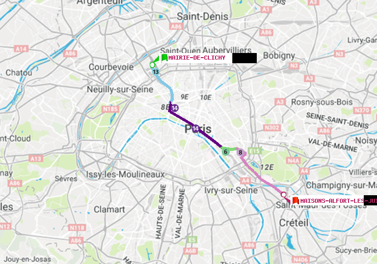 plan itinéraire ratp de Mairie de Clichy à Maisons-Alfort-Les Juilliottes