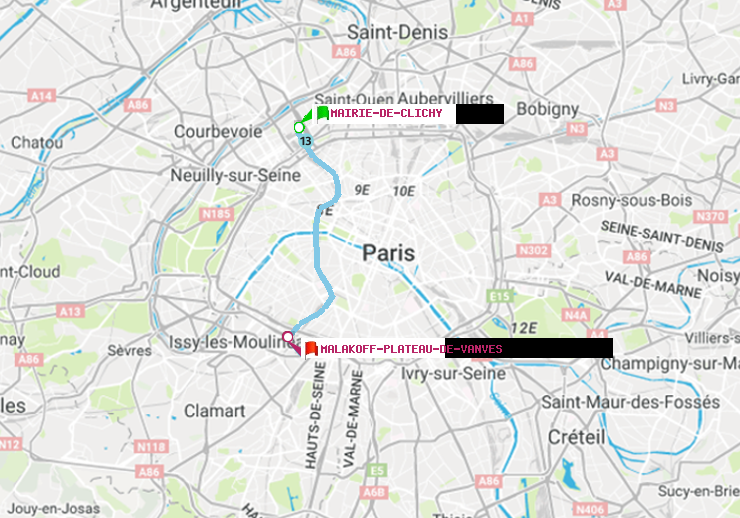 plan itinéraire ratp de Mairie de Clichy à Malakoff-Plateau de Vanves