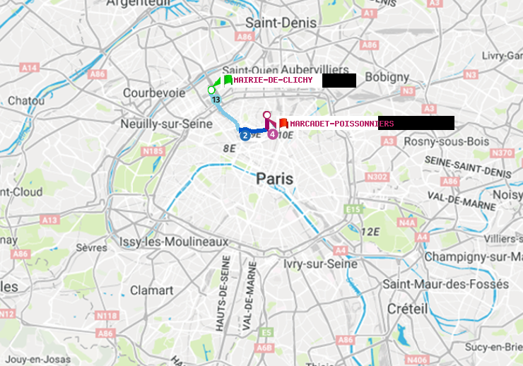 plan itinéraire ratp de Mairie de Clichy à Marcadet-Poissonniers