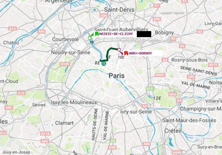 plan itinéraire ratp de Mairie de Clichy à Marx-Dormoy