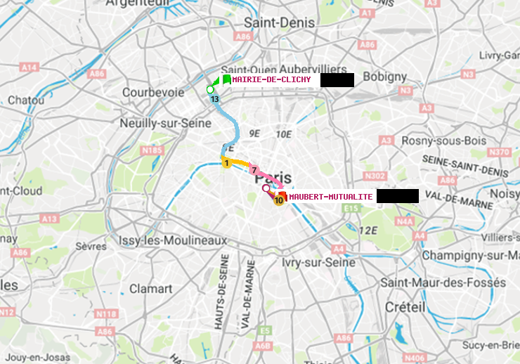 plan itinéraire ratp de Mairie de Clichy à Maubert-Mutualité