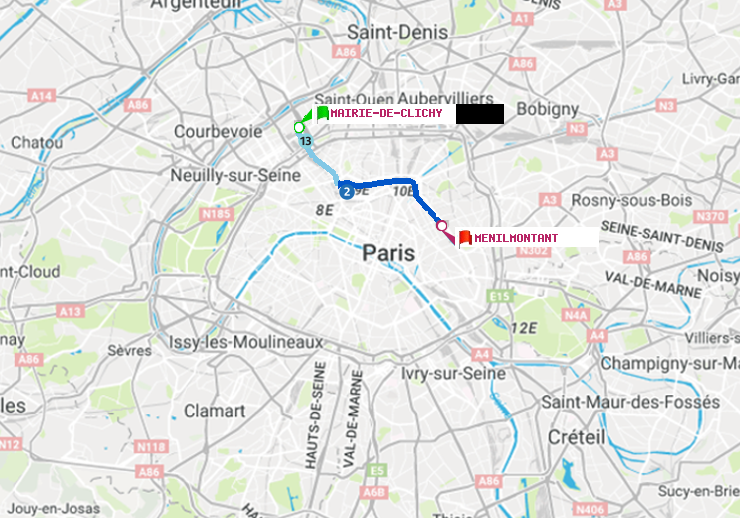 plan itinéraire ratp de Mairie de Clichy à Ménilmontant