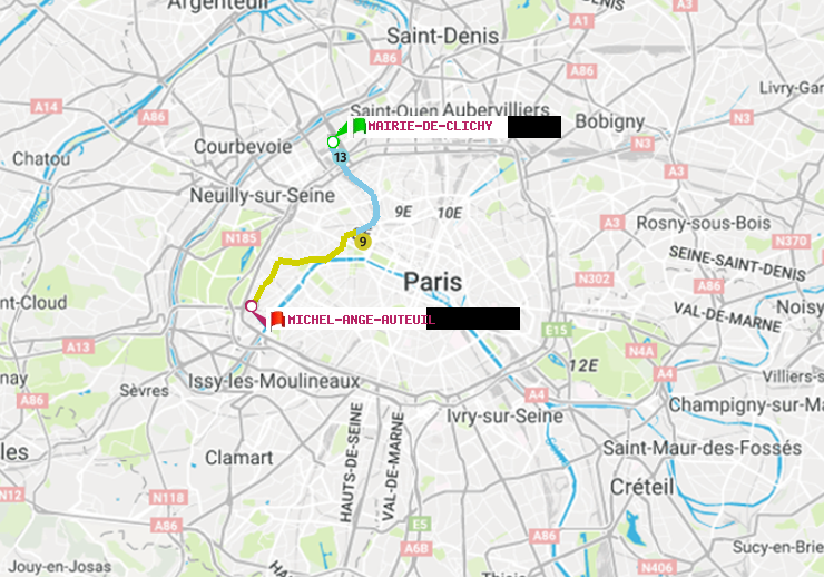 plan itinéraire ratp de Mairie de Clichy à Michel-Ange-Auteuil