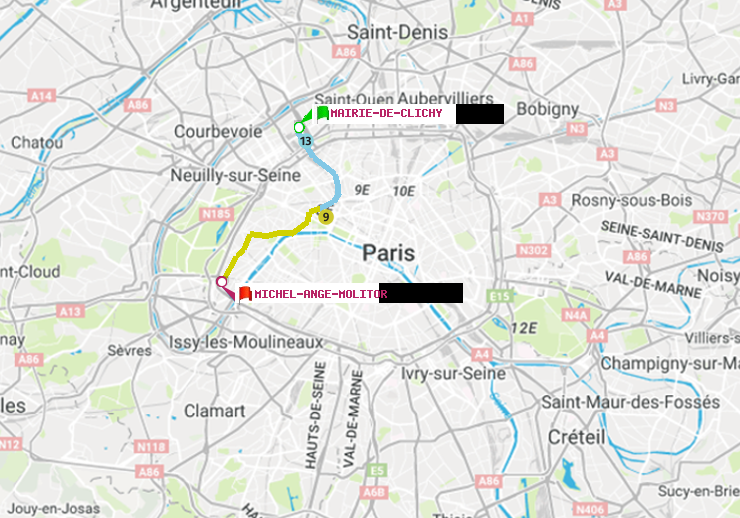 plan itinéraire ratp de Mairie de Clichy à Michel-Ange-Molitor