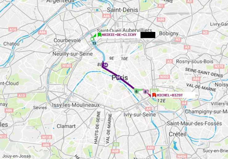 plan itinéraire ratp de Mairie de Clichy à Michel Bizot