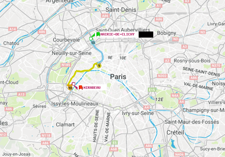 plan itinéraire ratp de Mairie de Clichy à Mirabeau