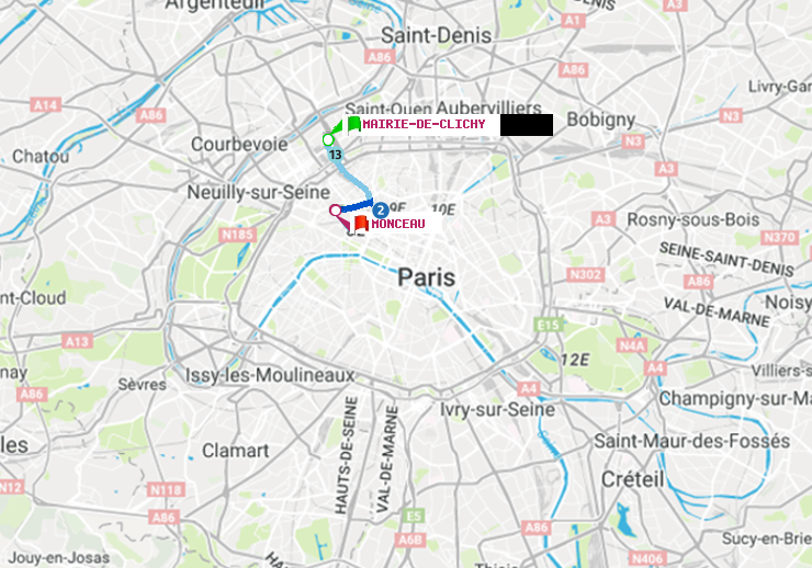 plan itinéraire ratp de Mairie de Clichy à Monceau