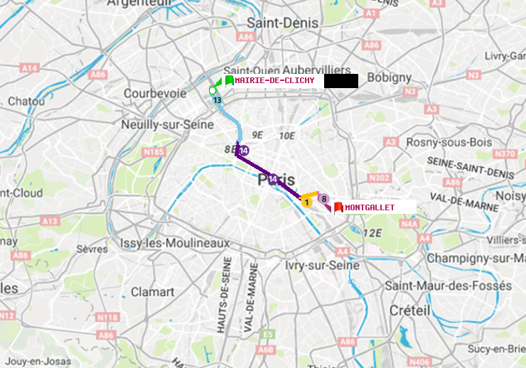 plan itinéraire ratp de Mairie de Clichy à Montgallet