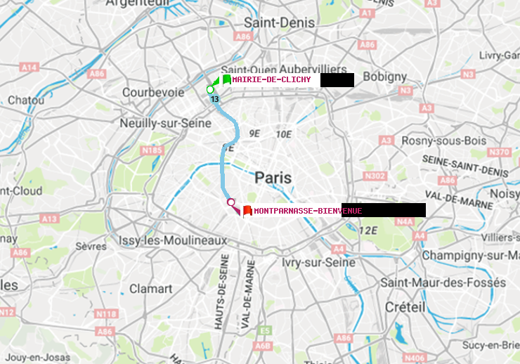 plan itinéraire ratp de Mairie de Clichy à Montparnasse-Bienvenue