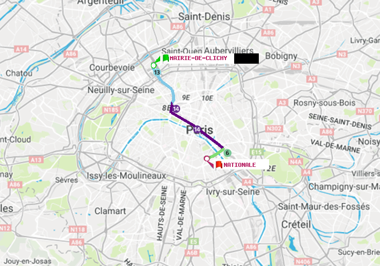 plan itinéraire ratp de Mairie de Clichy à Nationale