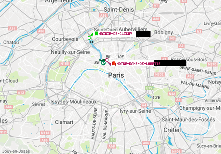 plan itinéraire ratp de Mairie de Clichy à Notre-Dame de Lorette