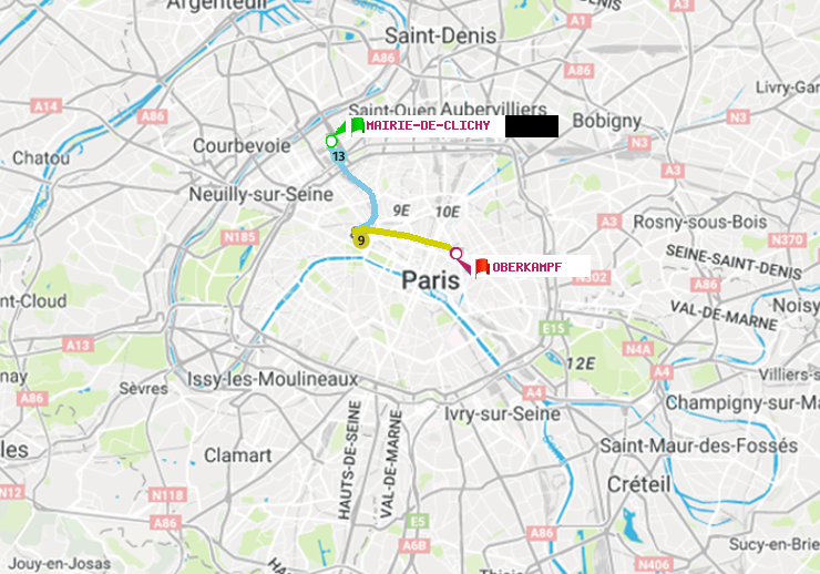 plan itinéraire ratp de Mairie de Clichy à Oberkampf