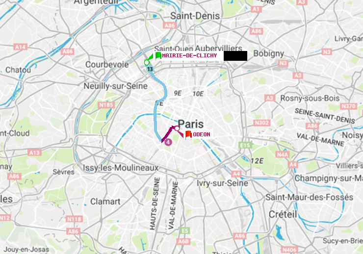 plan itinéraire ratp de Mairie de Clichy à Odéon