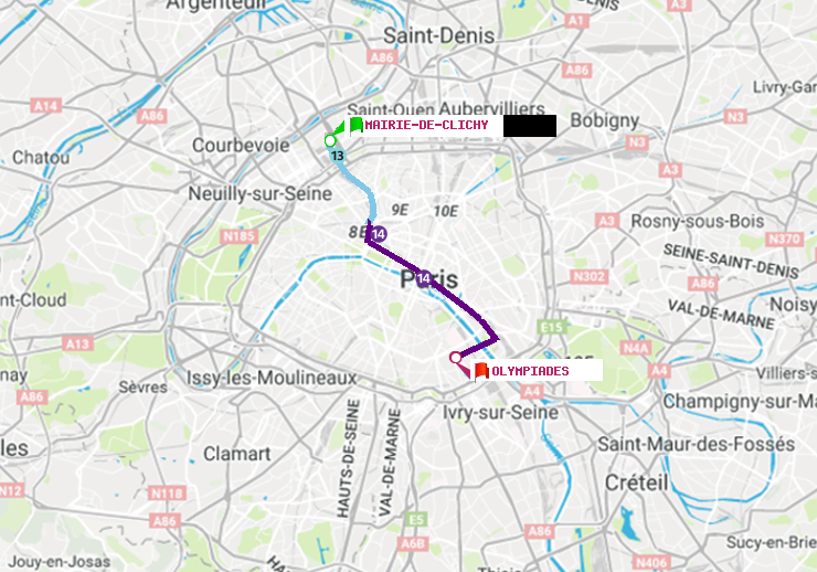 plan itinéraire ratp de Mairie de Clichy à Olympiades
