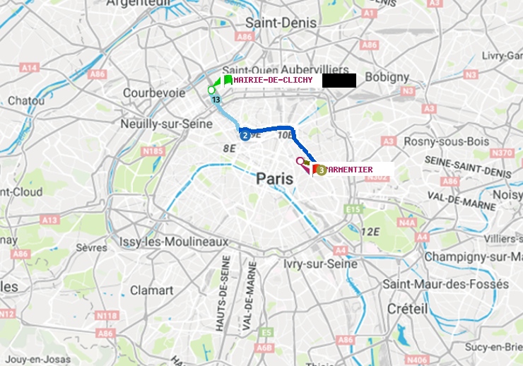 plan itinéraire ratp de Mairie de Clichy à Parmentier