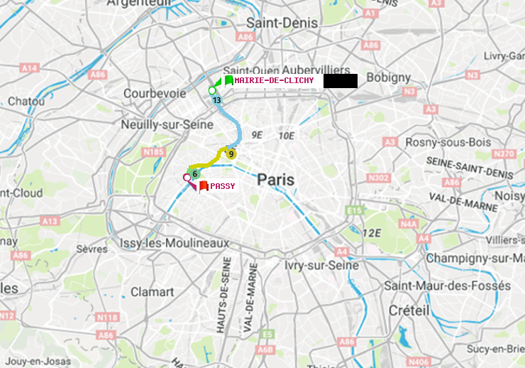 plan itinéraire ratp de Mairie de Clichy à Passy