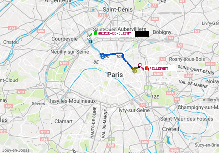 plan itinéraire ratp de Mairie de Clichy à Pelleport