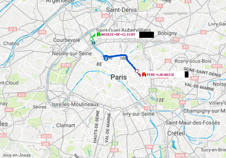 plan itinéraire ratp de Mairie de Clichy à Père-Lachaise