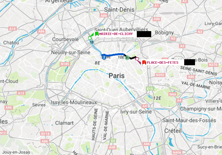 plan itinéraire ratp de Mairie de Clichy à Place des Fêtes