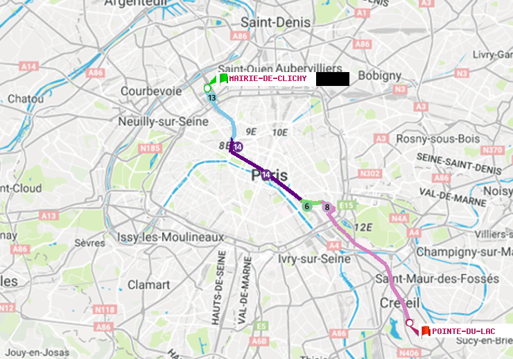 plan itinéraire ratp de Mairie de Clichy à Pointe du Lac