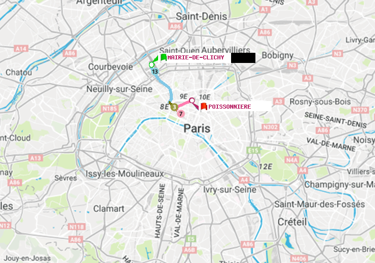 plan itinéraire ratp de Mairie de Clichy à Poissonnière