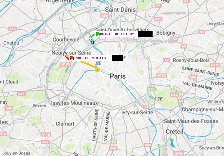 plan itinéraire ratp de Mairie de Clichy à Pont de Neuilly