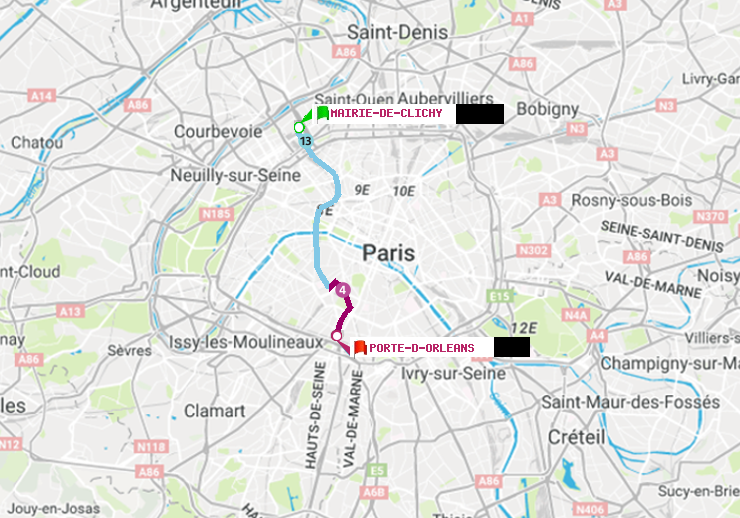 plan itinéraire ratp de Mairie de Clichy à Porte d