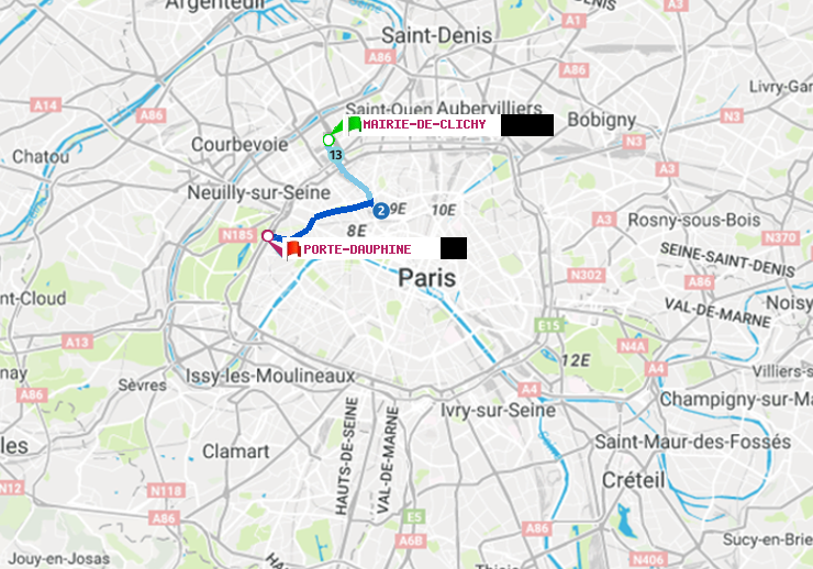 plan itinéraire ratp de Mairie de Clichy à Porte Dauphine (Maréchal de Lattre de Tassigny)