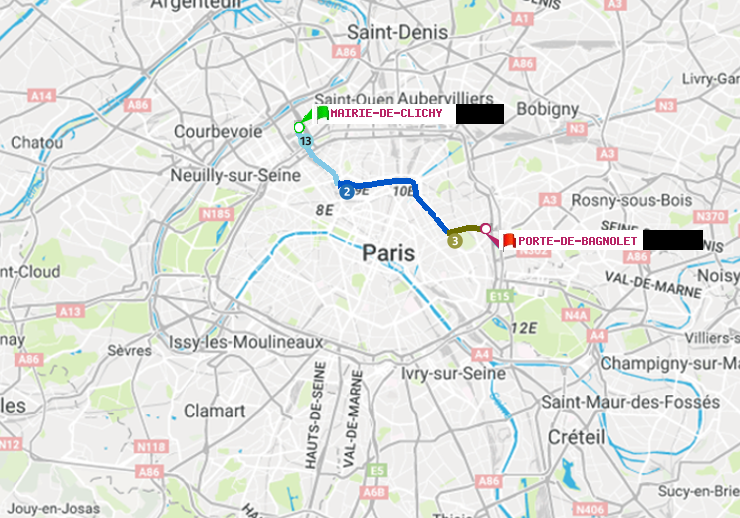 plan itinéraire ratp de Mairie de Clichy à Porte de Bagnolet