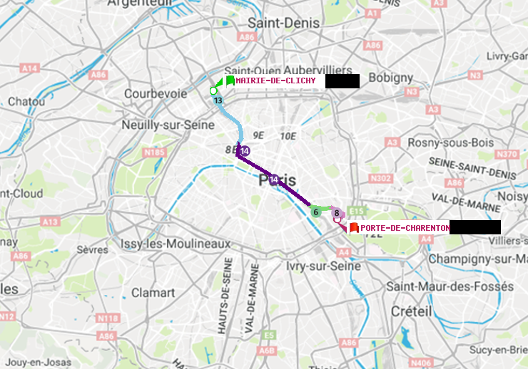 plan itinéraire ratp de Mairie de Clichy à Porte de Charenton