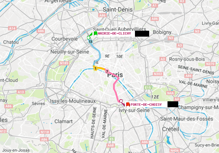 plan itinéraire ratp de Mairie de Clichy à Porte de Choisy
