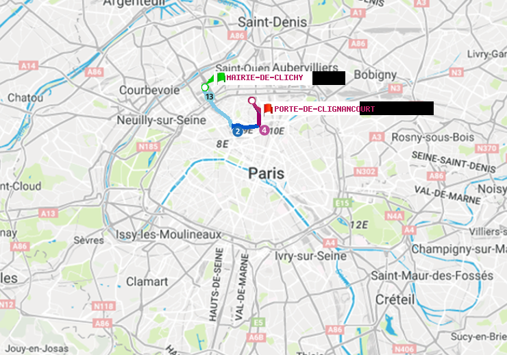 plan itinéraire ratp de Mairie de Clichy à Porte de Clignancourt