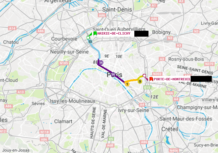 plan itinéraire ratp de Mairie de Clichy à Porte de Montreuil
