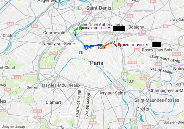 plan itinéraire ratp de Mairie de Clichy à Porte de Pantin