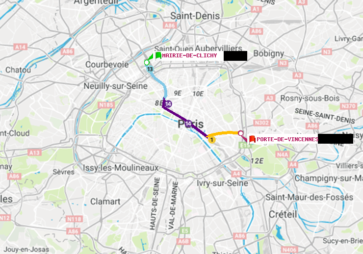 plan itinéraire ratp de Mairie de Clichy à Porte de Vincennes
