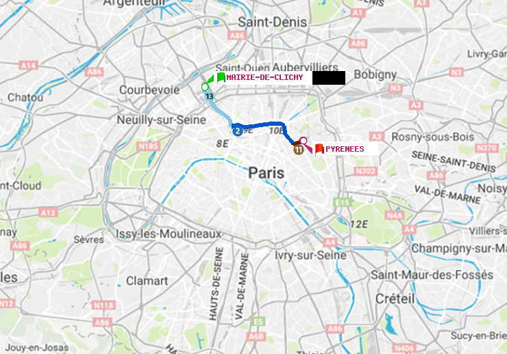 plan itinéraire ratp de Mairie de Clichy à Pyrenees