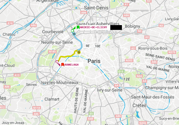 plan itinéraire ratp de Mairie de Clichy à Ranelagh