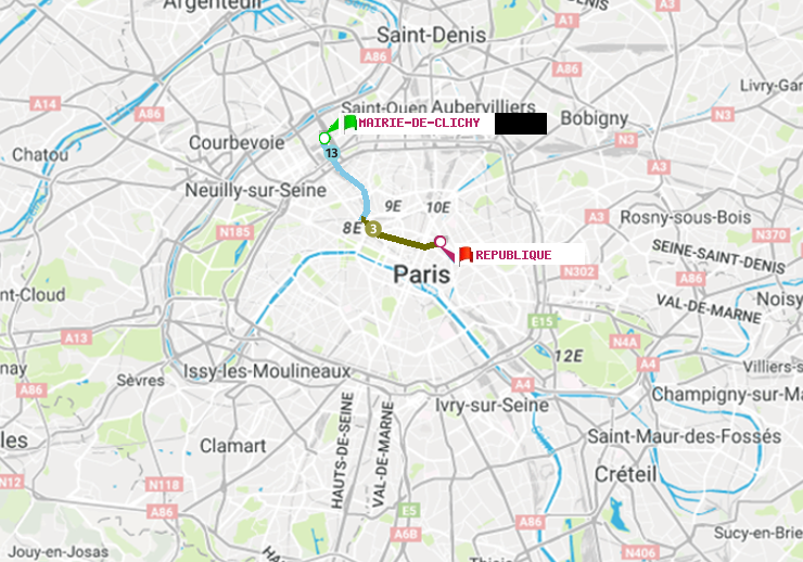 plan itinéraire ratp de Mairie de Clichy à République