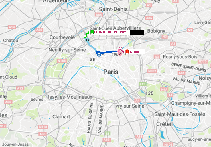 plan itinéraire ratp de Mairie de Clichy à Riquet