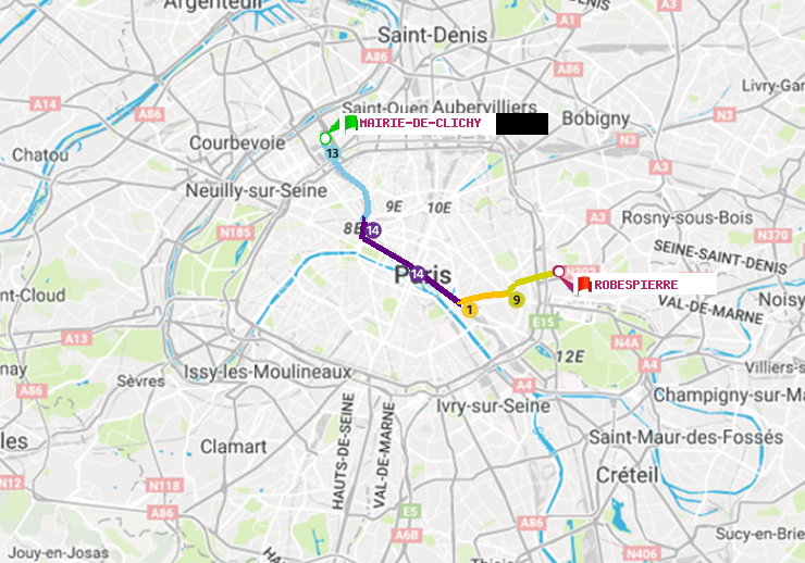 plan itinéraire ratp de Mairie de Clichy à Robespierre