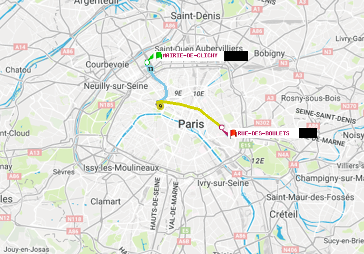 plan itinéraire ratp de Mairie de Clichy à Rue des Boulets