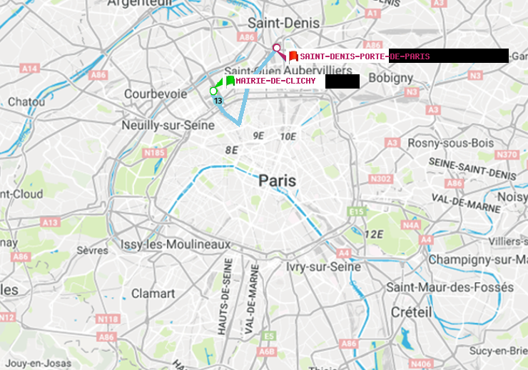 plan itinéraire ratp de Mairie de Clichy à Saint-Denis-Porte de Paris