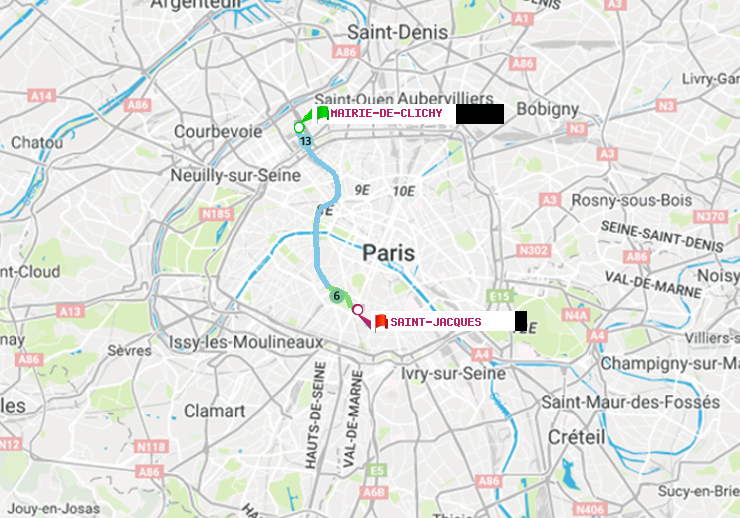 plan itinéraire ratp de Mairie de Clichy à Saint-Jacques
