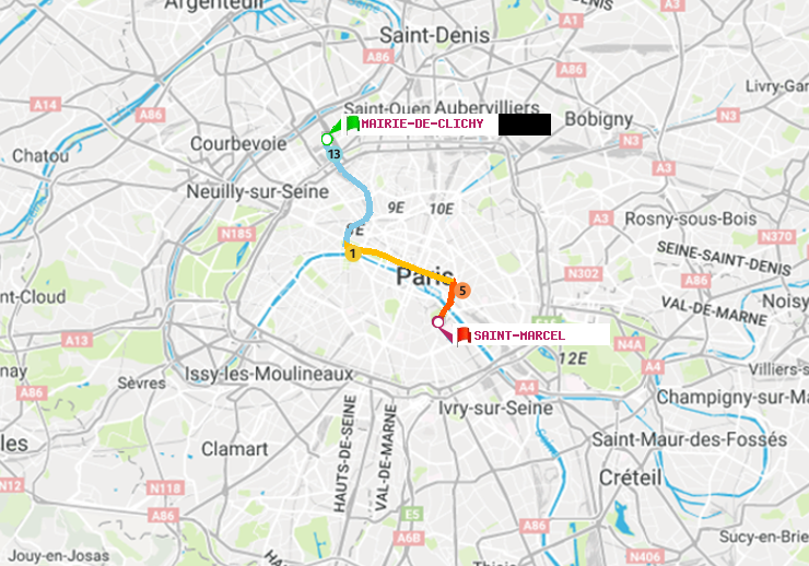 plan itinéraire ratp de Mairie de Clichy à Saint-Marcel