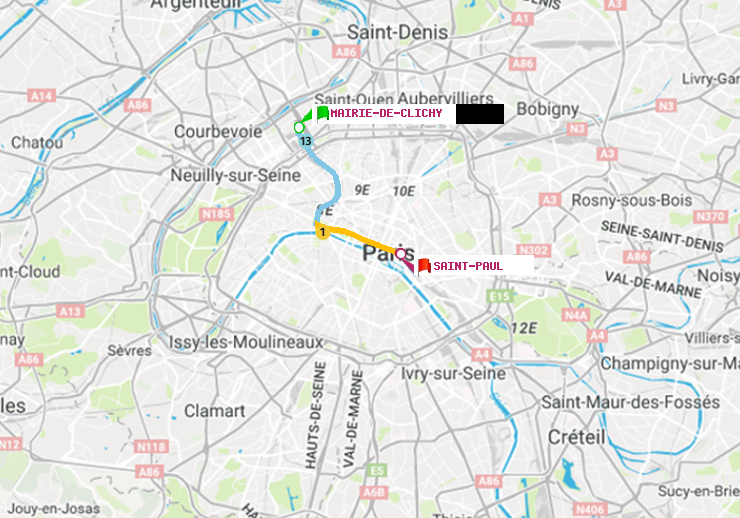 plan itinéraire ratp de Mairie de Clichy à Saint-Paul (Le Marais)